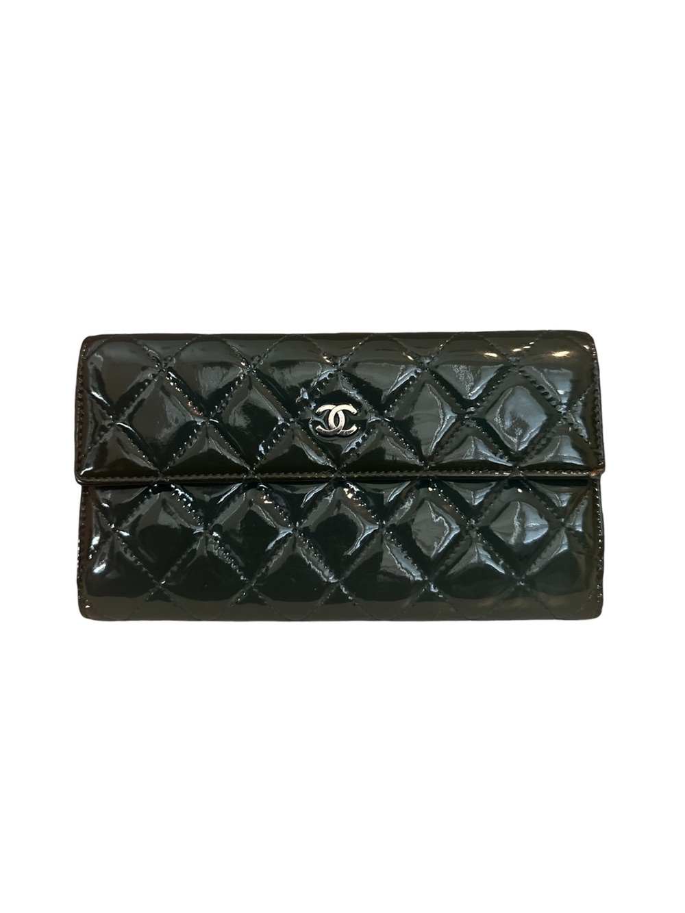 CHANEL Black Quilted Patent Leather Card Holder Wallet with Silver CC
